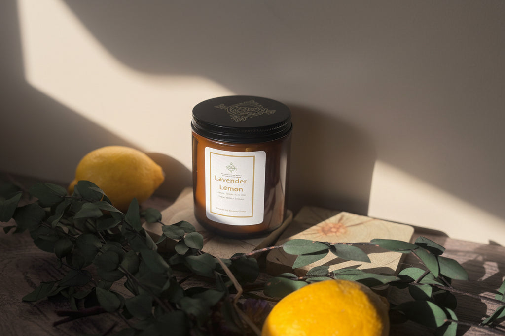Candle labeled 'Lavender Lemon' on a surface with lemons and greenery with a neutral background. 