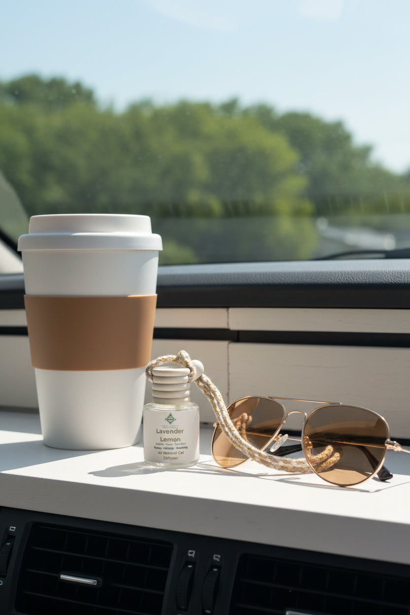 Small glass diffuser bottle labeled 'Lavender Lemon' with a jute cord on a dashboard with a cup of coffee and sunglasses.