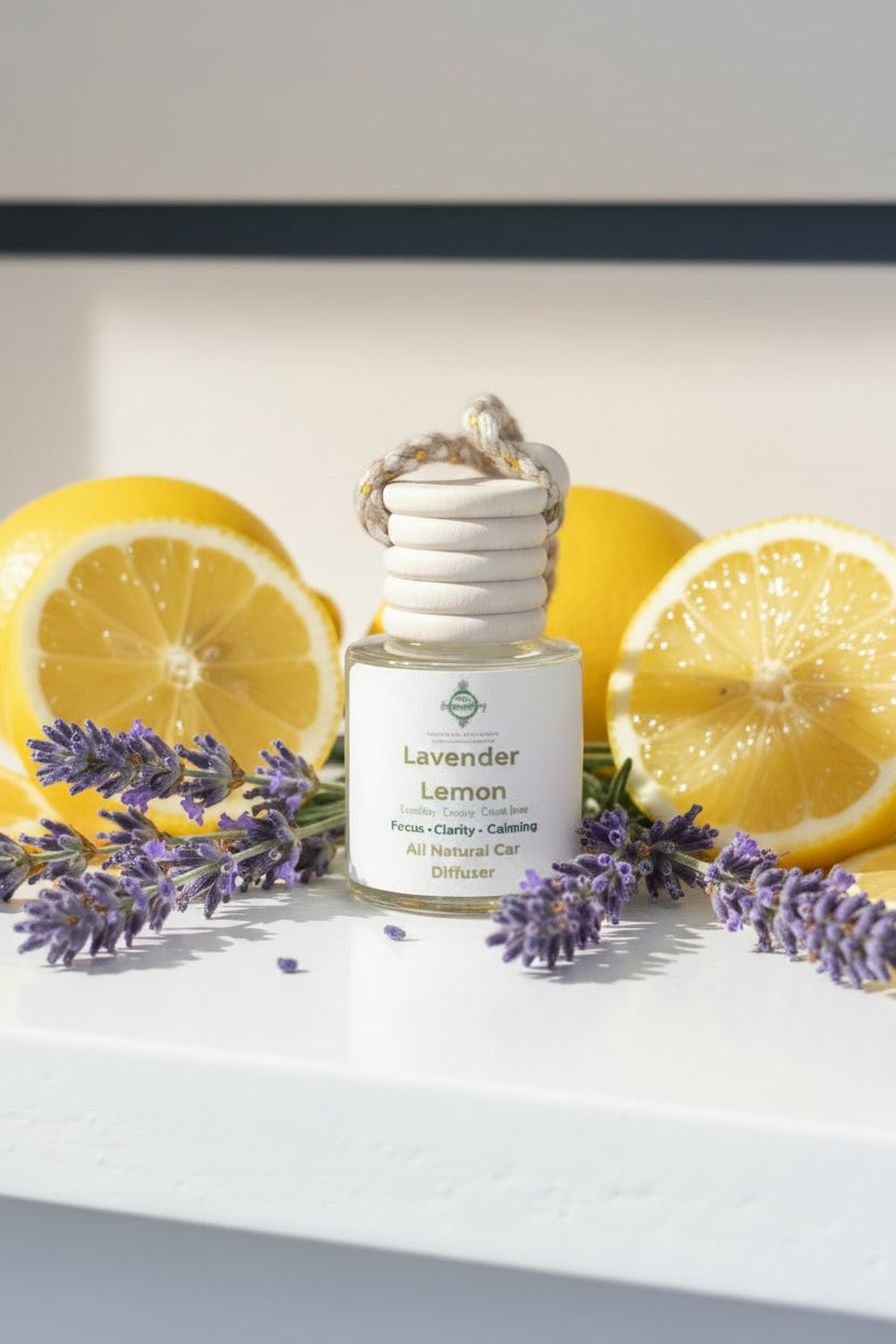 Small glass diffuser bottle labeled 'Lavender Lemon' with a jute cord on a white background with lemon and lavender sprig. 