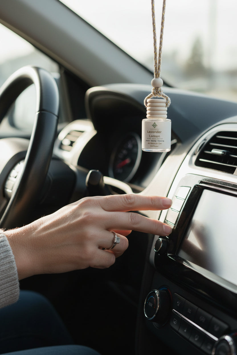 Diffuser necklace with 'Lavender Lemon' label on a rearview mirror with a hand changing the radio station.