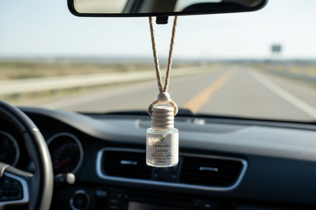 Small glass diffuser bottle labeled 'Lavender Lemon' with a cord hanging from a car mirror.