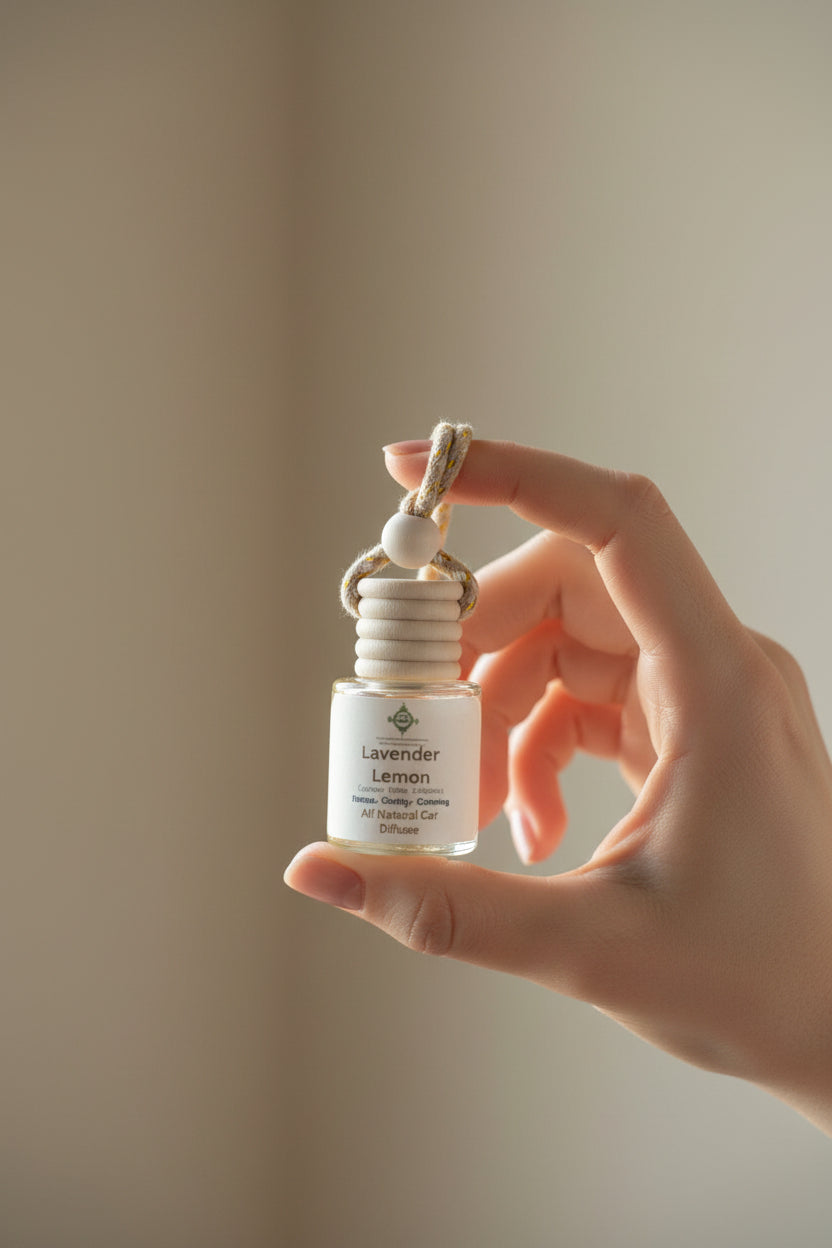 Small glass diffuser bottle labeled 'Lavender Lemon' with a cord held in a hand to show size