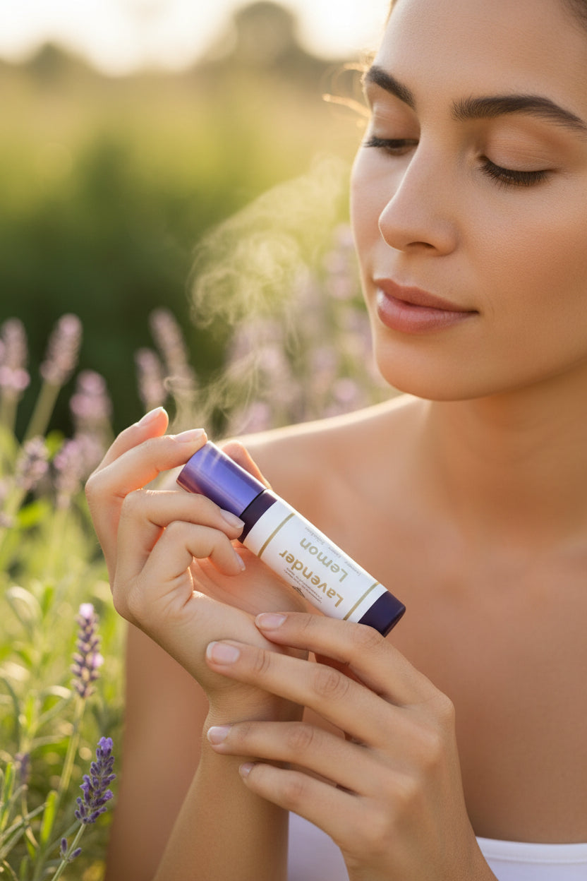 Lavender Lemon roller in a purple roller in between two hands with a woman in a field of lavender.