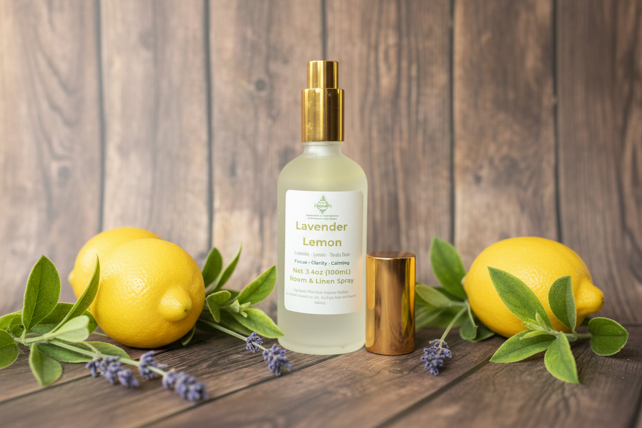 Lavender Lemon spray bottle with gold cap and container on wooden surface surrounded by lemons and greenery