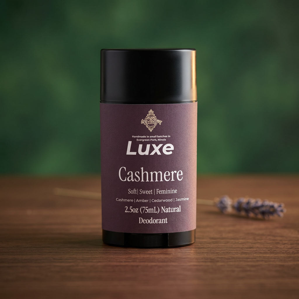 Luxe Cashmere deodorant container on a wooden surface with a blurred green background