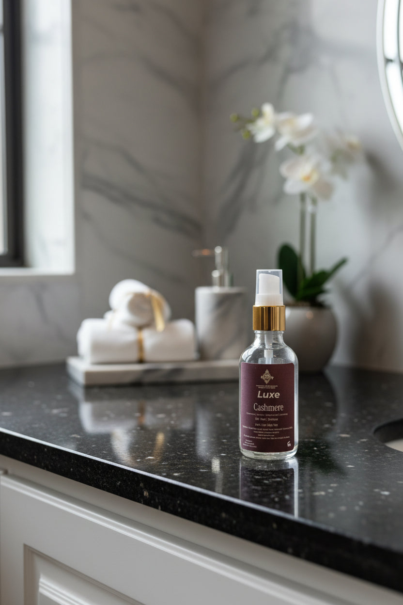 Bottle of Luxe Cashmere perfume with a gold cap on a granite countertop.