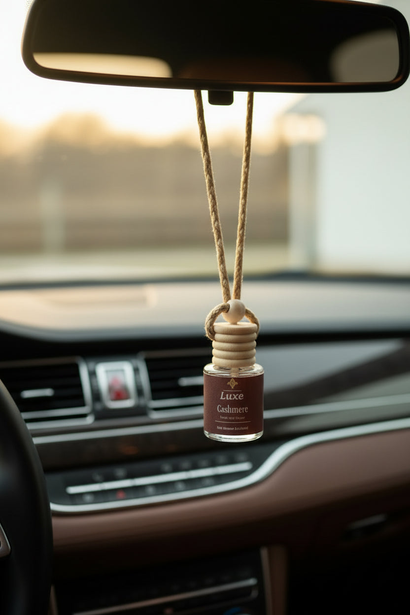 Luxe Cashmere Car Diffuser hanging from the rearview mirror in a luxury car. 