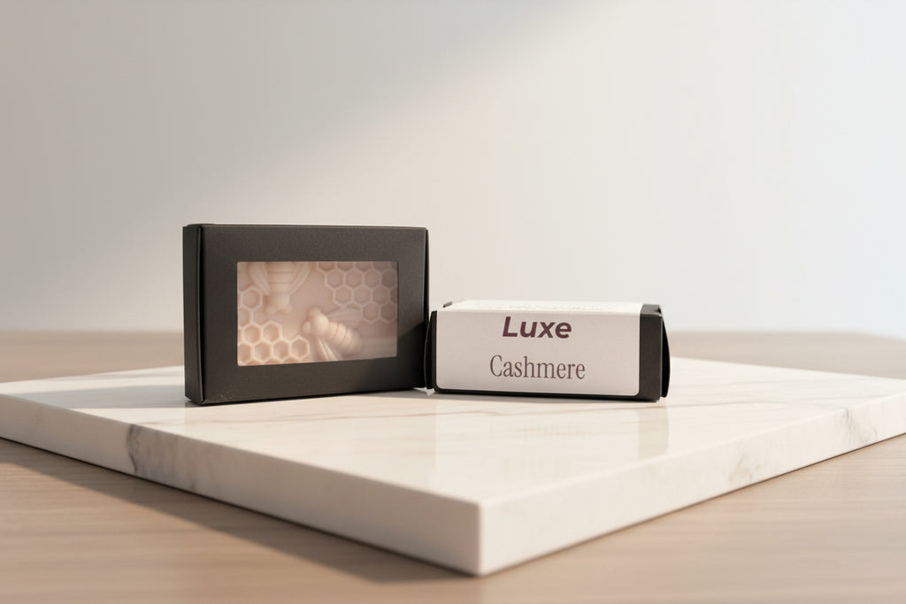 Luxe Cashmere product on a wooden surface with a blurred background