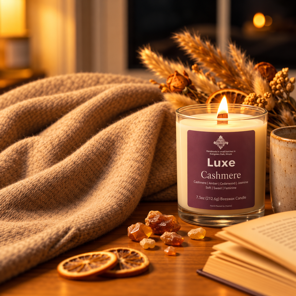 A lit LuxE Cashmere scented candle in a clear glass jar sits on a wooden table surrounded by cozy props, including a beige knit blanket, dried orange slices, amber stones, and an open book in a warm indoor setting.