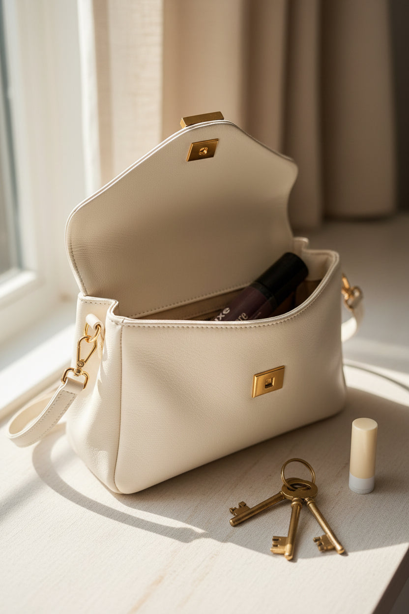 Luxe Cashmere roller peeking out of a luxe handbag with keys and lip balm. 