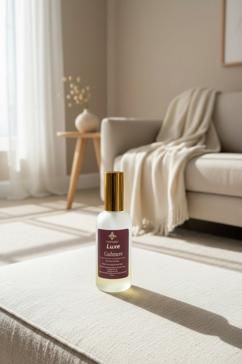 One Luxe Cashmere bottle with gold cap on a cream ottoman in a brightly lit living room with couch and soft blanket in the background.