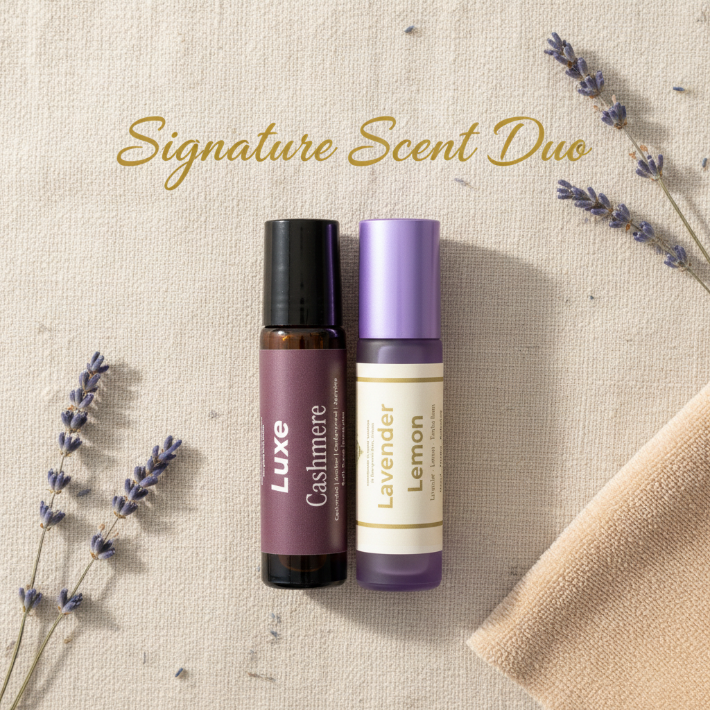 Two roller bottles, one labeled 'Luxe Cashmere' and the other 'Lavender Lemon', on a linen background with lavender sprigs forming a best seller perfume roller duo.