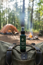 Bug repellent spray bottle labeled 'Protect & Repel' on a duffel bag at campsite.