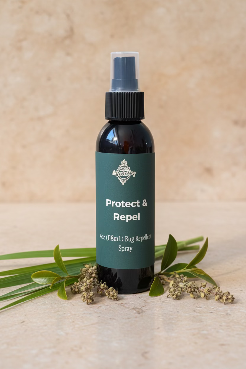 Bug repellent spray bottle labeled 'Protect & Repel' on a table with citronella grass and tea tree leaves.