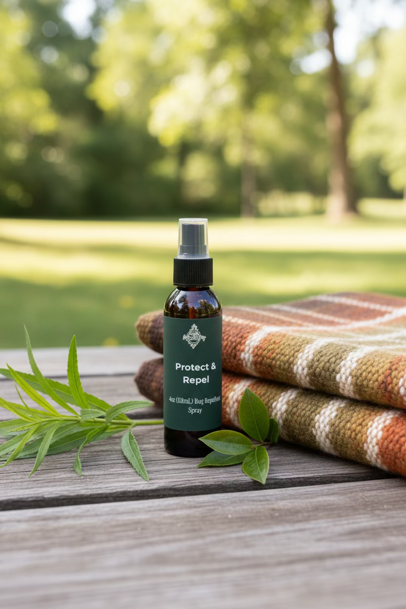 Black spray bottle labeled 'Protect & Repel' on a wooden picnic table with citronella and tea tree.