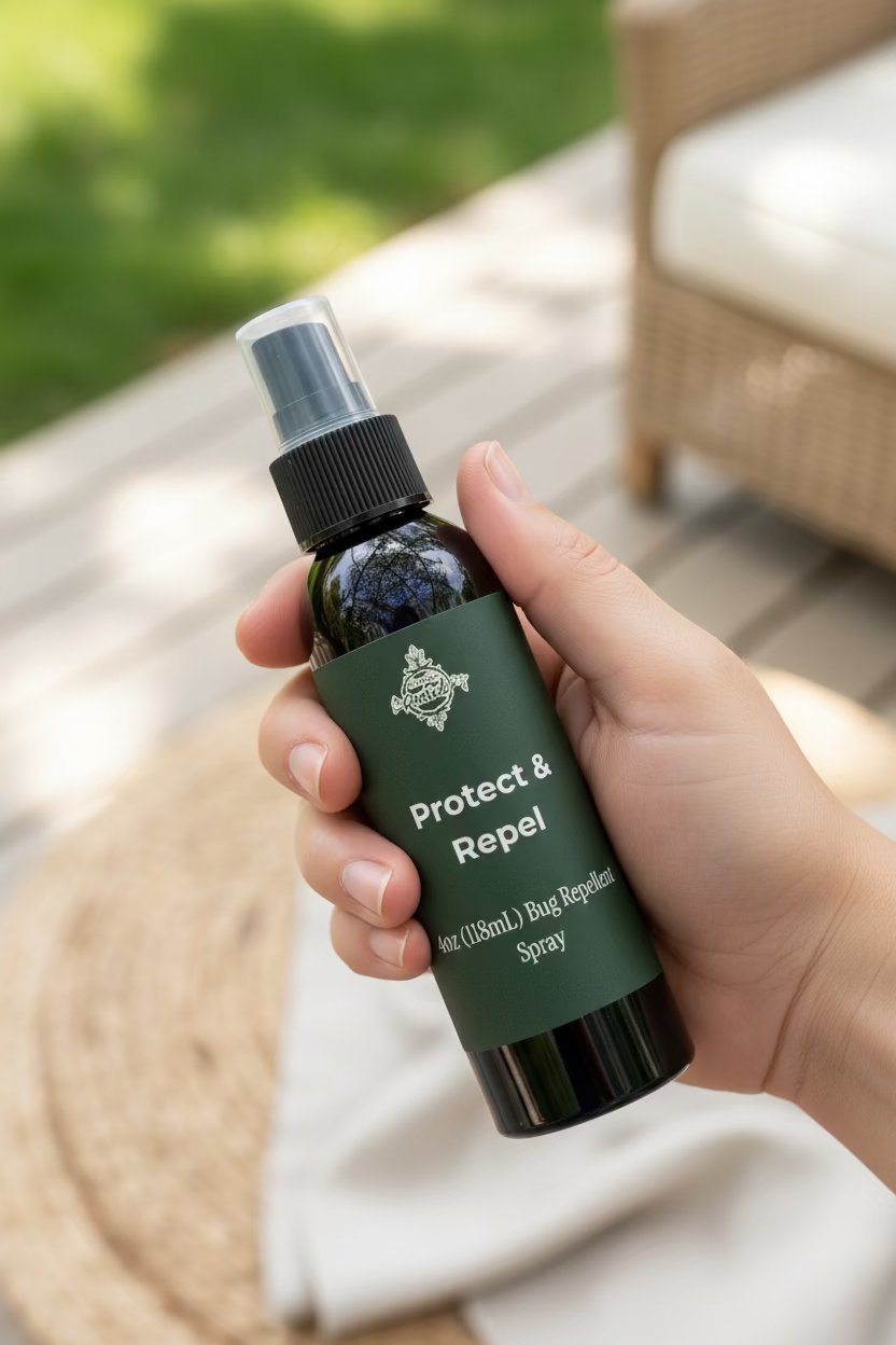 Black spray bottle with protect and repel label in a hand to show travel size
