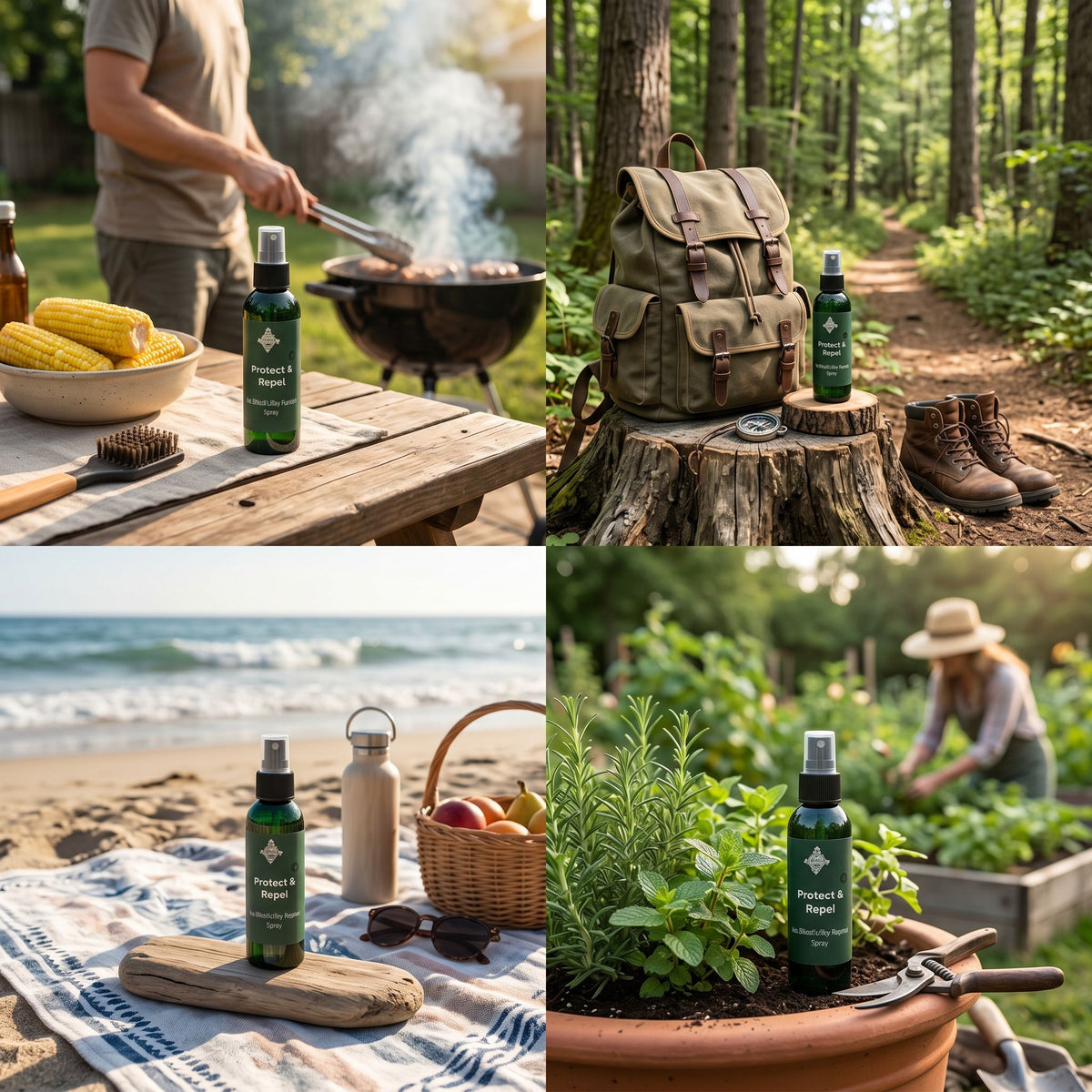 Collage of outdoor activities with a green bottle labeled 'Protect & Grow' in various settings.