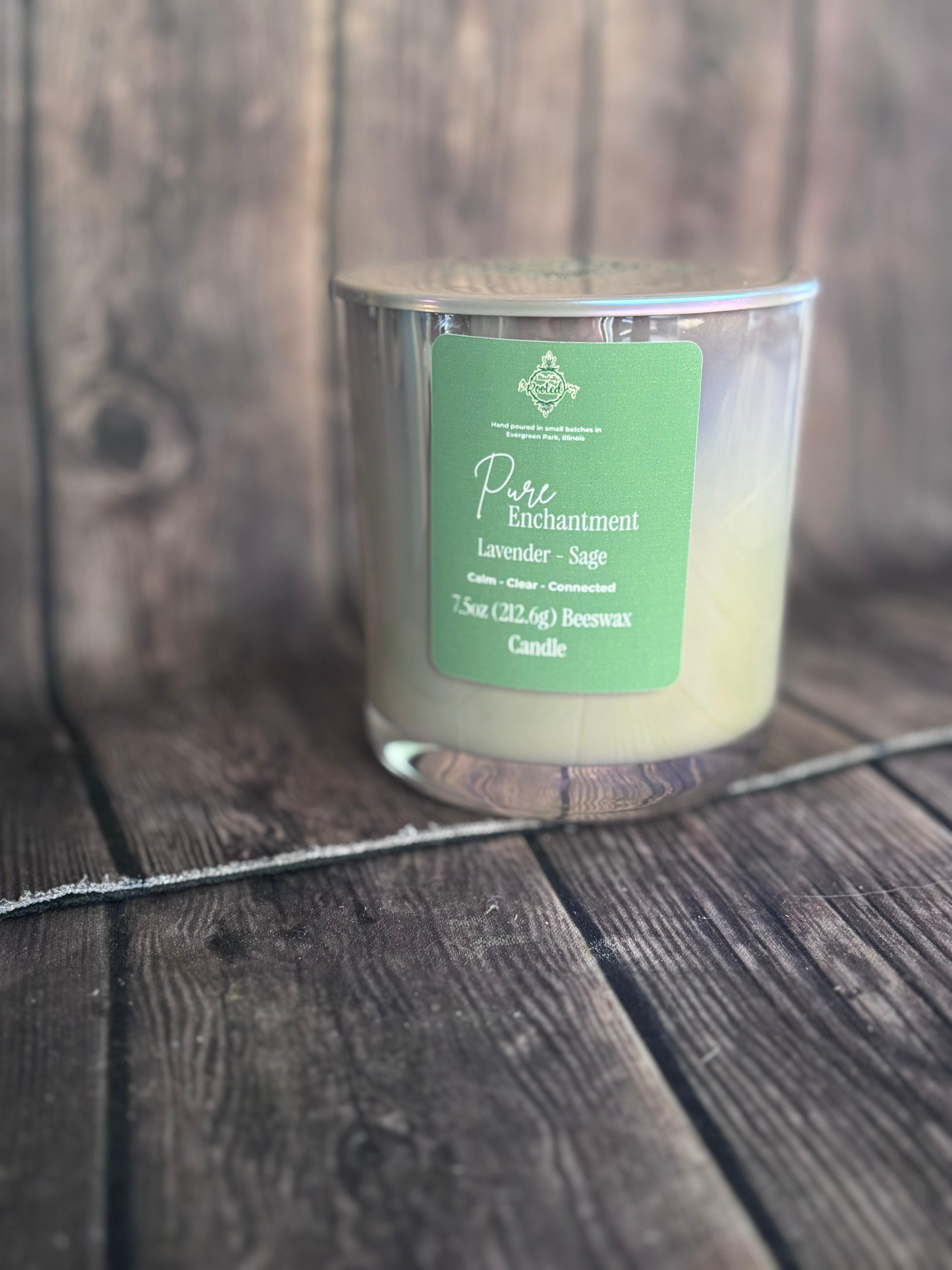 Candle with a green label on a wooden surface