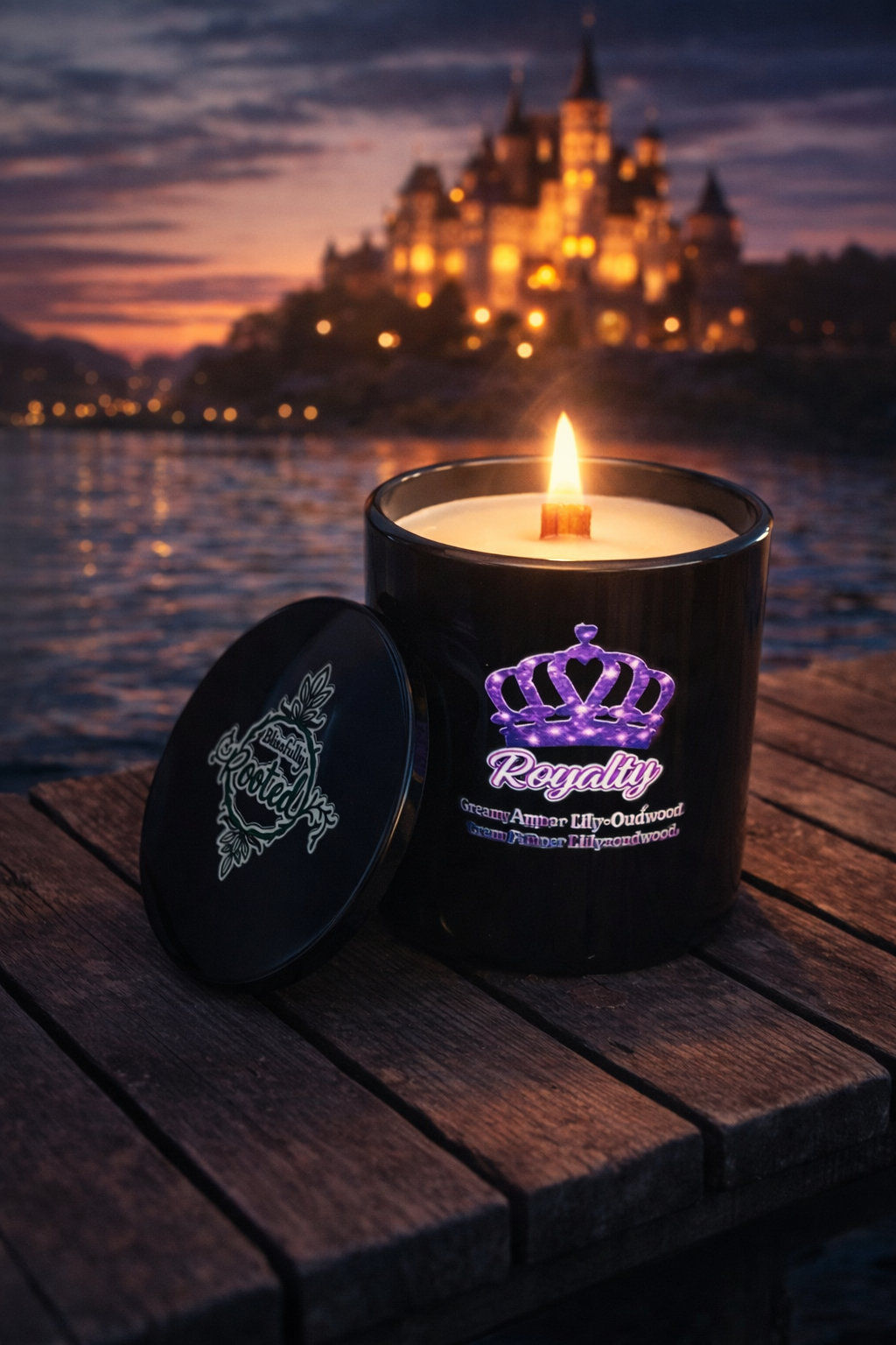 Royalty candle on a dock with a castle lit at dusk in the background