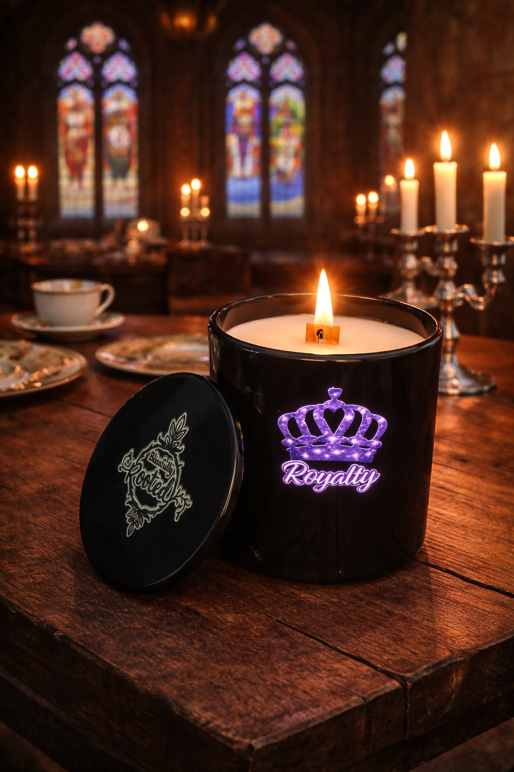 Candle in a black container with 'Royally' text on a wooden table in a cathedral setting.