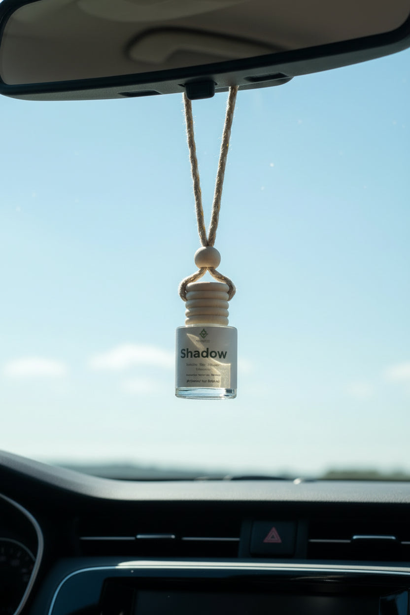 Small bottle labeled 'shadow' with a wooden neck and natural fiber chain on a neutral background