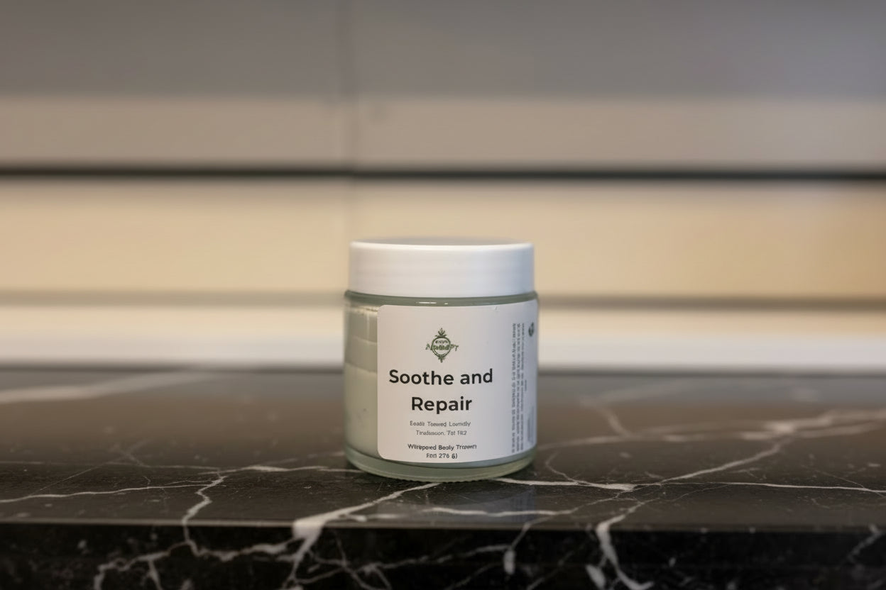 Jar of Soothe & Repair Cream on a marble counter
