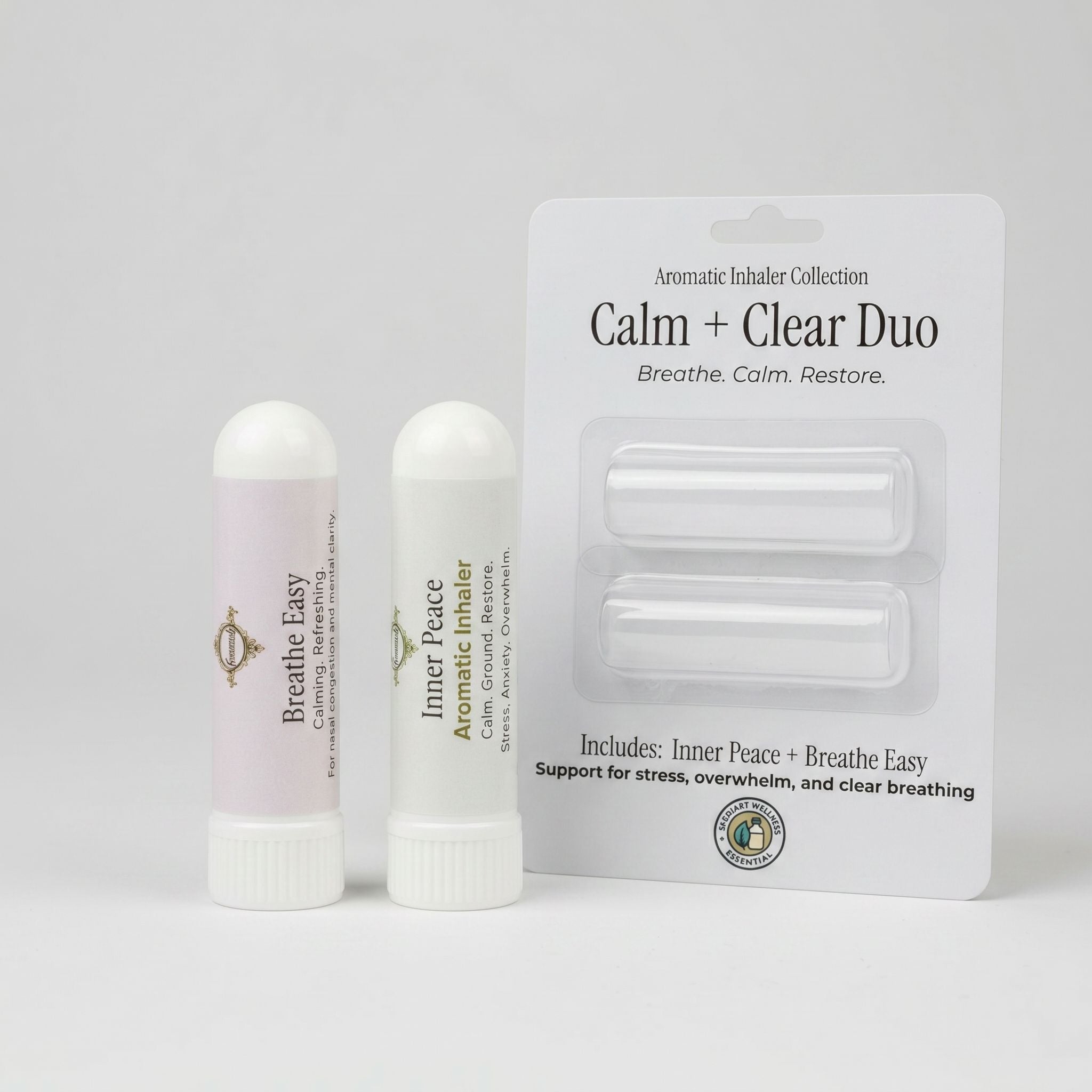 Calm & Clear duo with the Breathe Easy Nasal Inhaler and Inner Peace Inhaler out of the blister packaging.