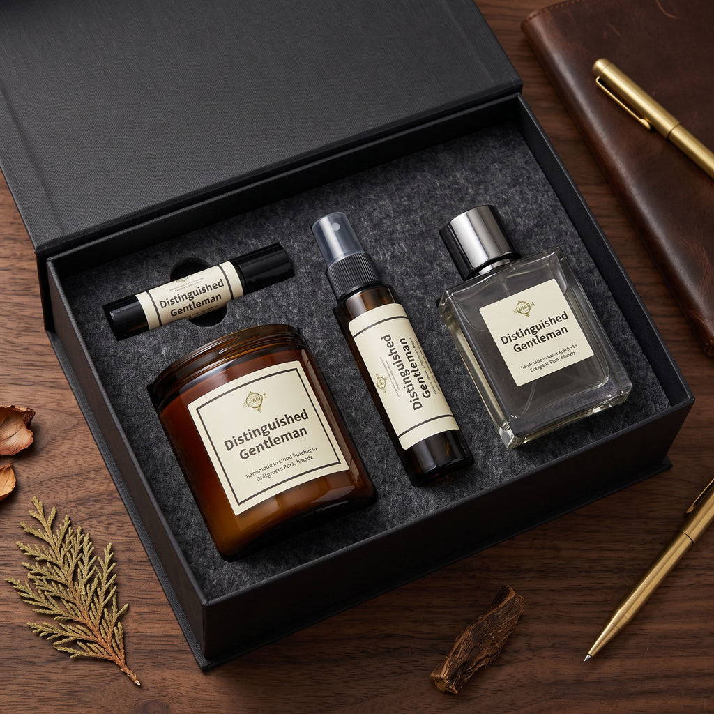 A curated gift set in a black presentation box, featuring a brown amber glass candle, a clear glass fragrance bottle with a silver cap, a dark spray bottle, and a small roller bottle, all with cream labels reading 'Distinguished Gentleman.' The box sits on a wooden tabletop with decorative dried leaves, pine branches, and gold pens around it.