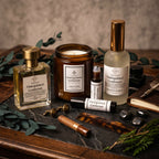 A curated collection of Distinguished Gentleman products including a cologne bottle, a candle, a body spray bottle, and a rollerball, styled on a dark stone surface with eucalyptus leaves, crystals, and a vintage-style notebook.