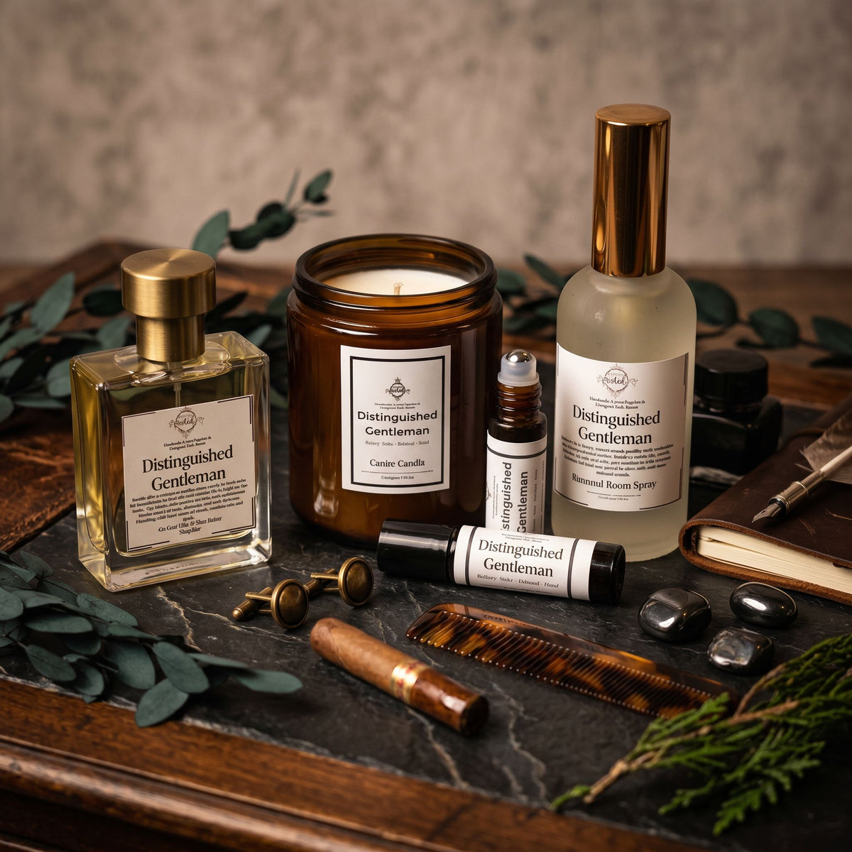 A curated collection of Distinguished Gentleman products including a cologne bottle, a candle, a body spray bottle, and a rollerball, styled on a dark stone surface with eucalyptus leaves, crystals, and a vintage-style notebook.