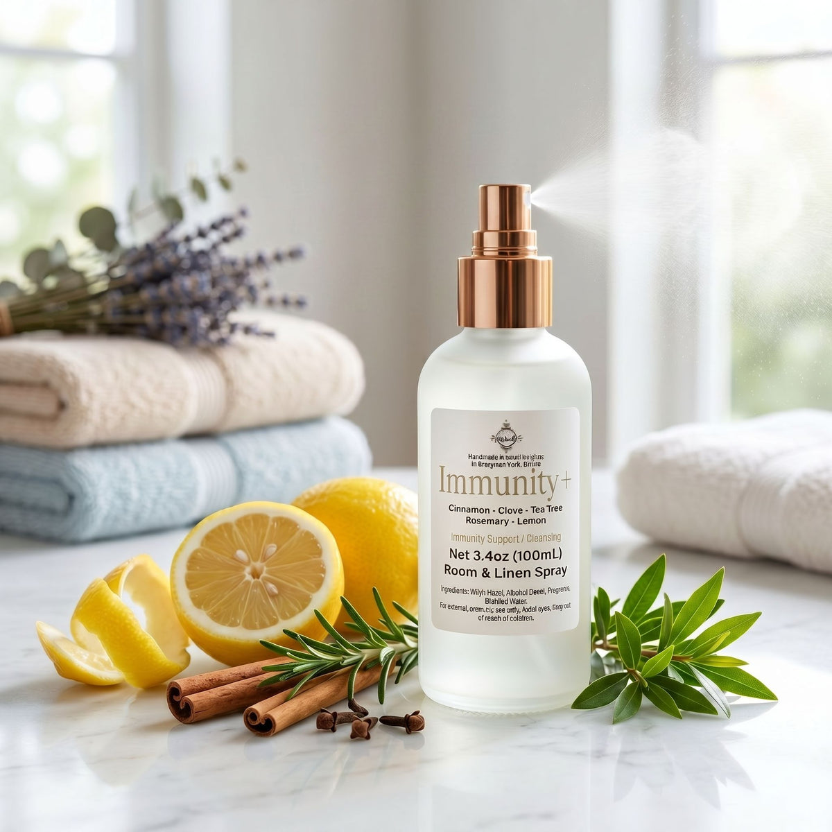 A bottle of Immunity+ Room & Linen Spray stands on a marble surface with folded towels, lemons, cinnamon sticks, and greenery in a bright, softly lit room. The spray bottle has a white body and rose-gold pump, with visible mist coming from the nozzle.